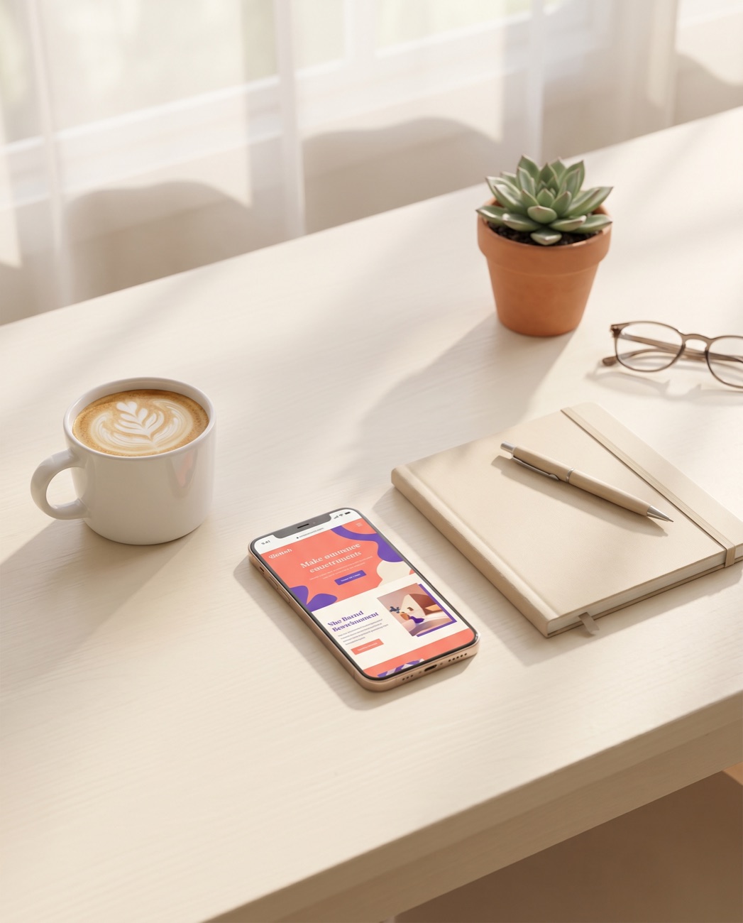 Werkplek met koffie, telefoon en notitieboek